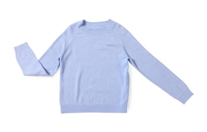 Photo of Stylish light blue sweater isolated on white, top view