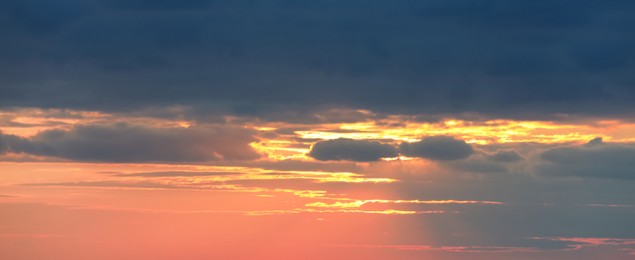 Image of Picturesque view of beautiful sky with clouds at sunset. Banner design