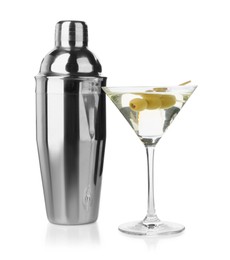 Metal shaker and Martini cocktail isolated on white