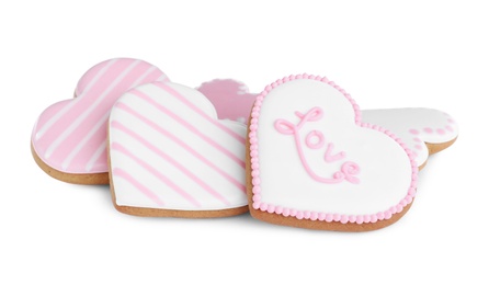 Delicious heart shaped cookies on white background. Valentine's Day