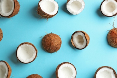 Coconut pattern on color background, flat lay