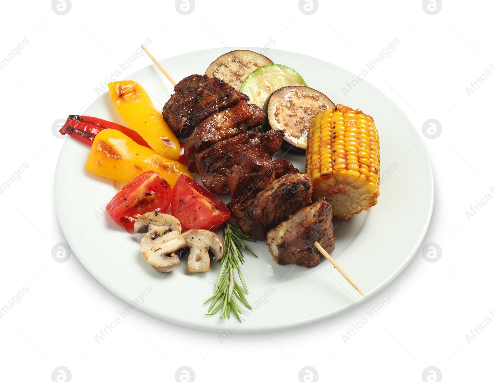 Photo of Delicious shish kebabs, rosemary and vegetables isolated on white