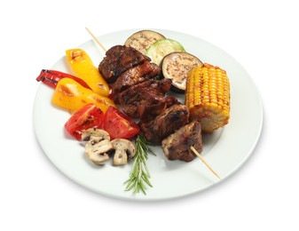 Photo of Delicious shish kebabs, rosemary and vegetables isolated on white