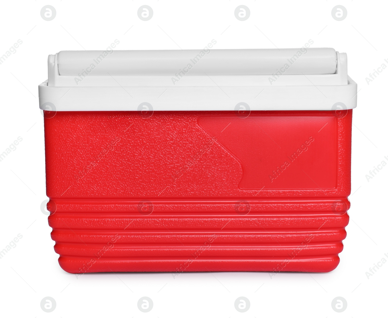 Photo of Red plastic cool box isolated on white