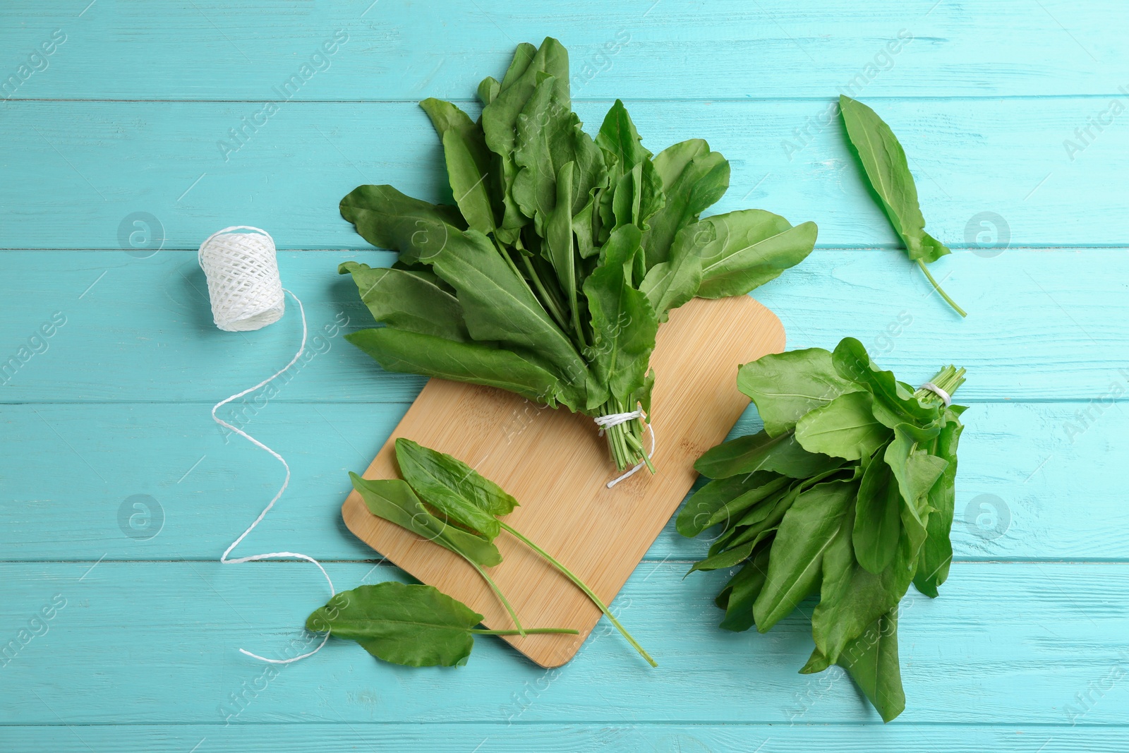 Photo of Fresh green sorrel leaves and thread on light blue wooden table, flat lay
