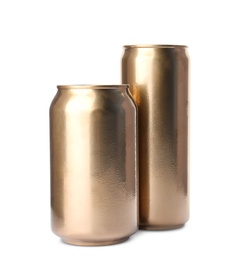 Aluminium cans of beverage on white background