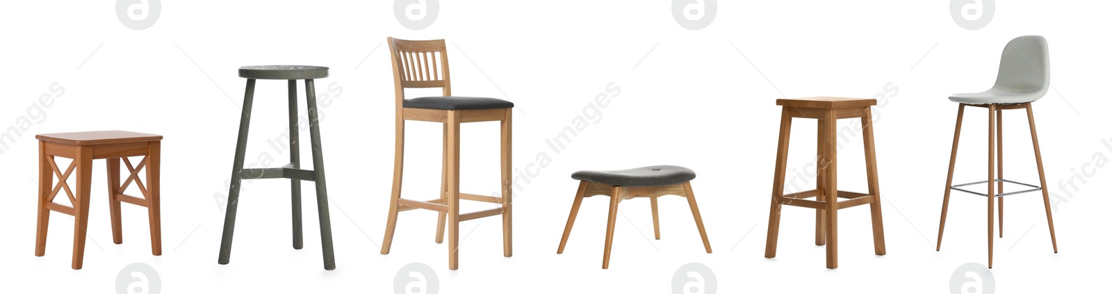 Image of Set with stylish stools on white background. Banner design