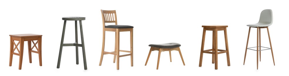 Image of Set with stylish stools on white background. Banner design