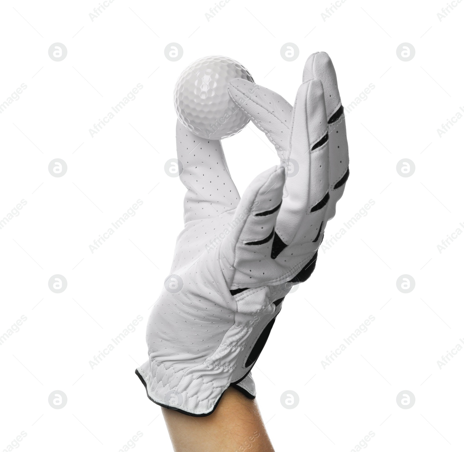 Photo of Player holding golf ball on white background, closeup