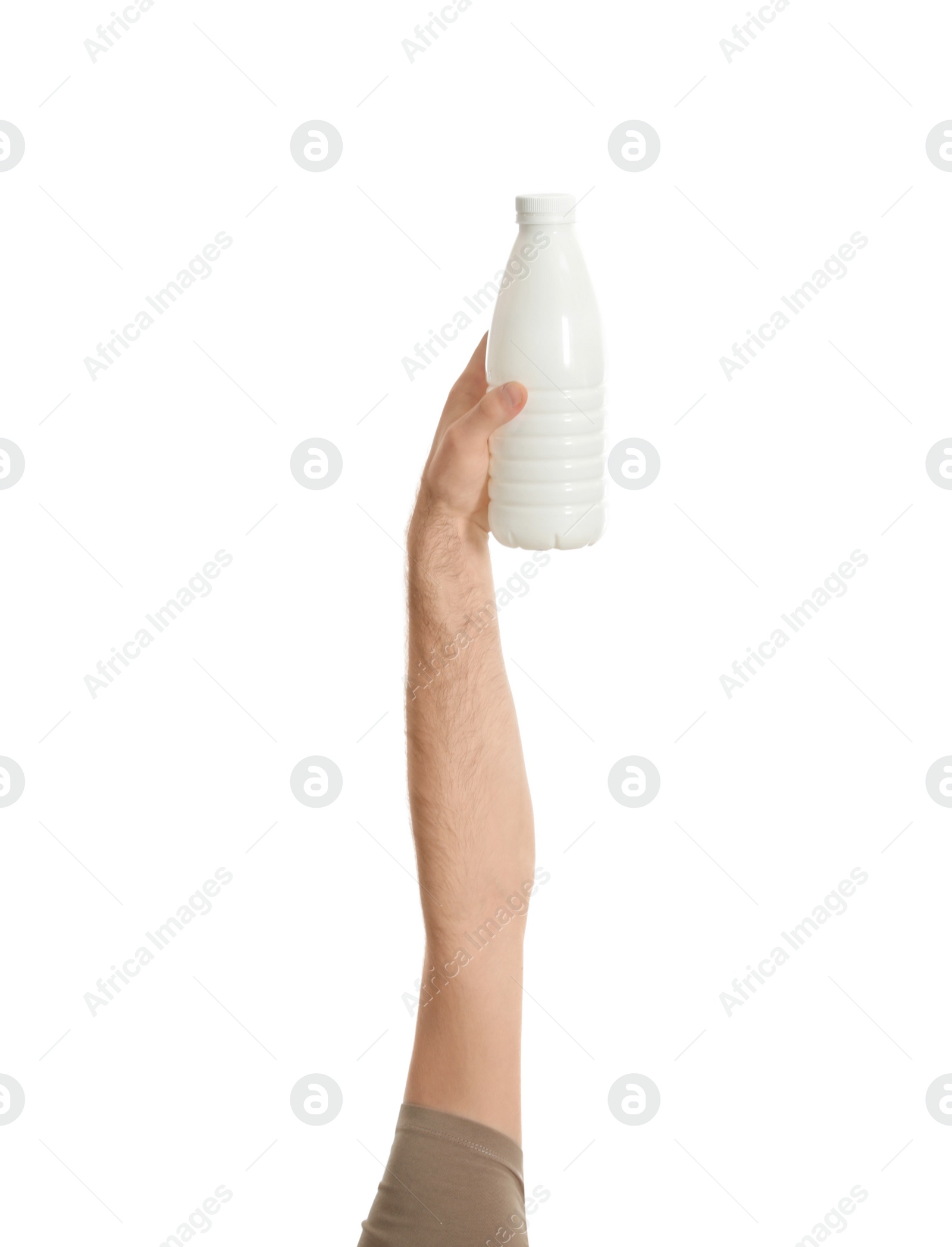 Photo of Man holding plastic bottle isolated on white, closeup. Waste recycling concept