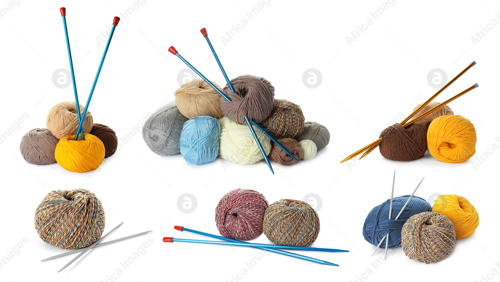 Image of Collage with many different yarns and knitting needles on white background