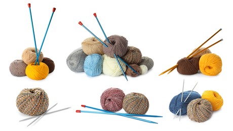 Image of Collage with many different yarns and knitting needles on white background