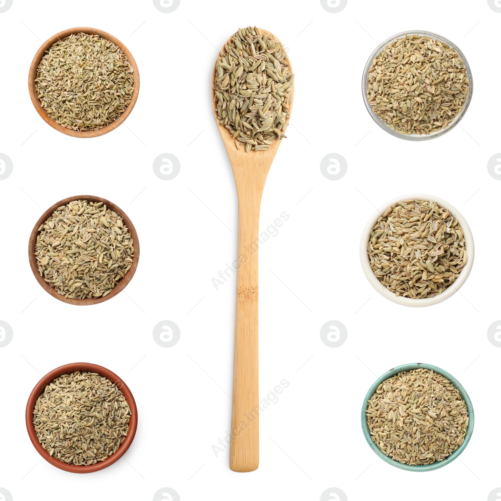 Image of Dry fennel seeds isolated on white, top view