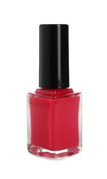 Red nail polish in bottle isolated on white