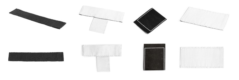 Image of Different blank clothing labels on white background, collage. Banner design