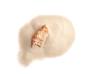 Photo of Pile of beach sand with sea shell isolated on white, top view