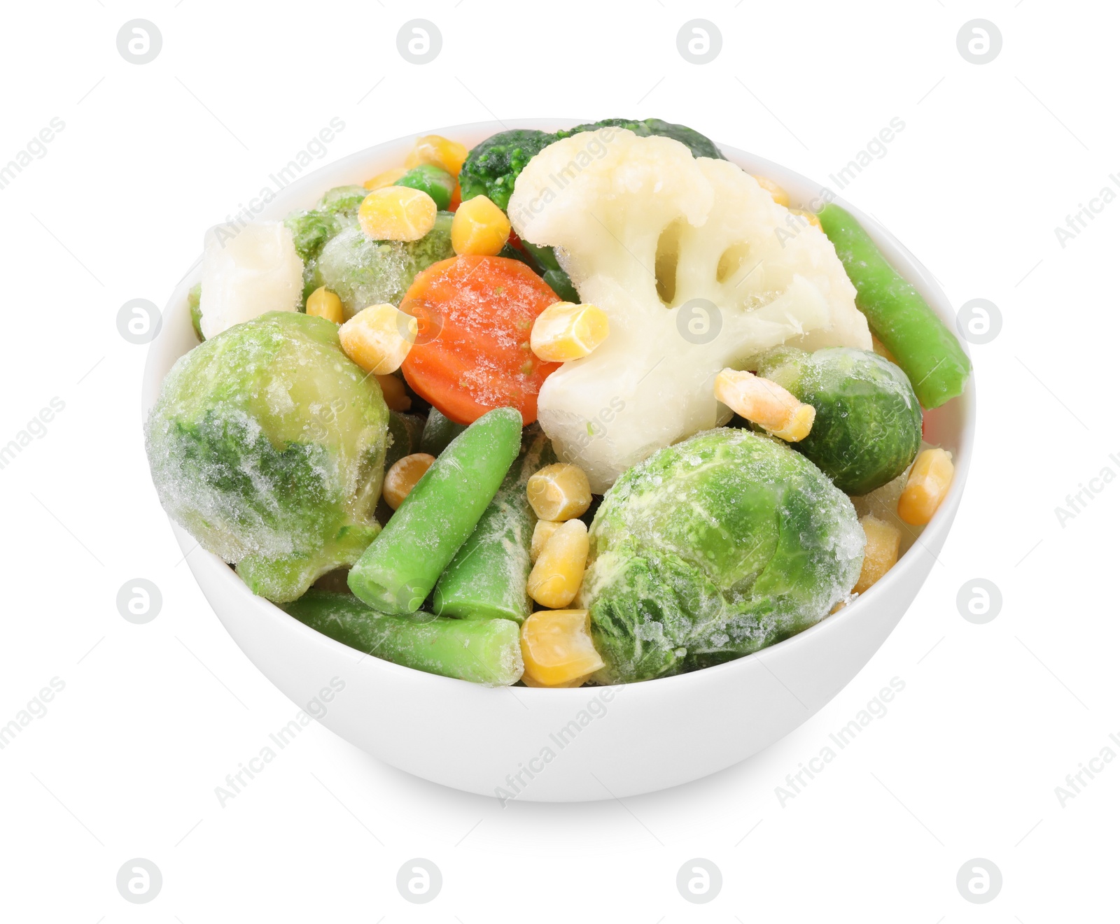 Photo of Mix of different frozen vegetables in bowl isolated on white