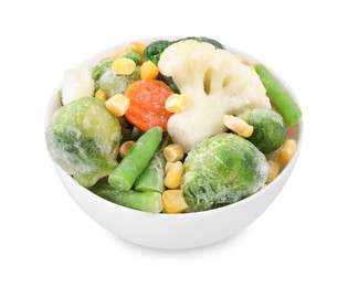 Mix of different frozen vegetables in bowl isolated on white