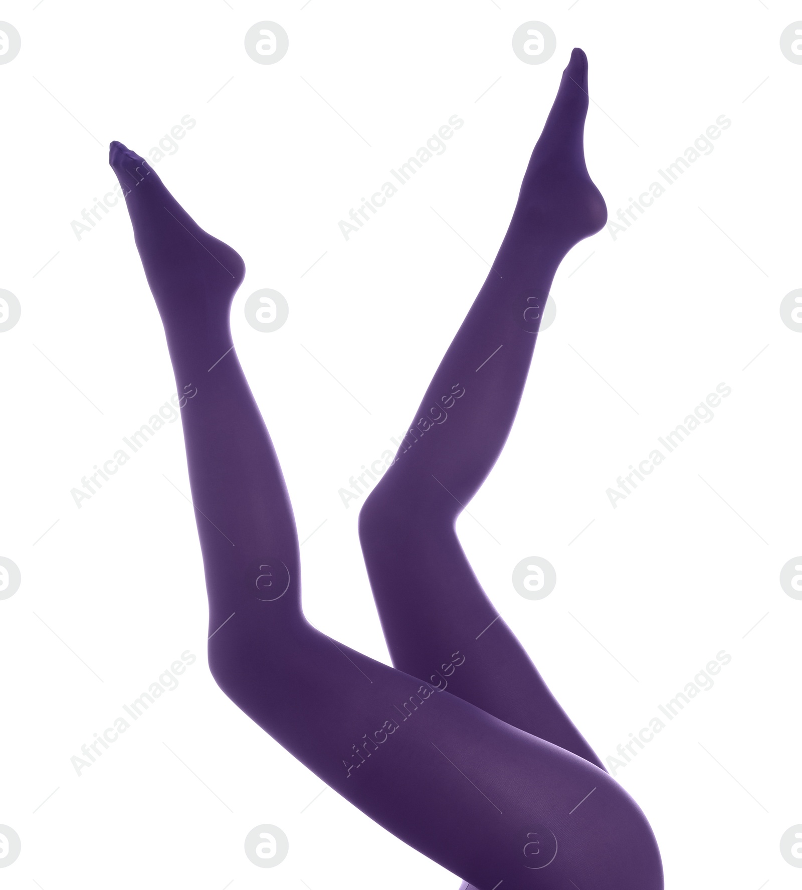 Photo of Woman wearing purple tights on white background, closeup of legs