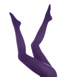 Photo of Woman wearing purple tights on white background, closeup of legs