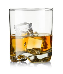 Photo of Whiskey and ice cubes in glass isolated on white