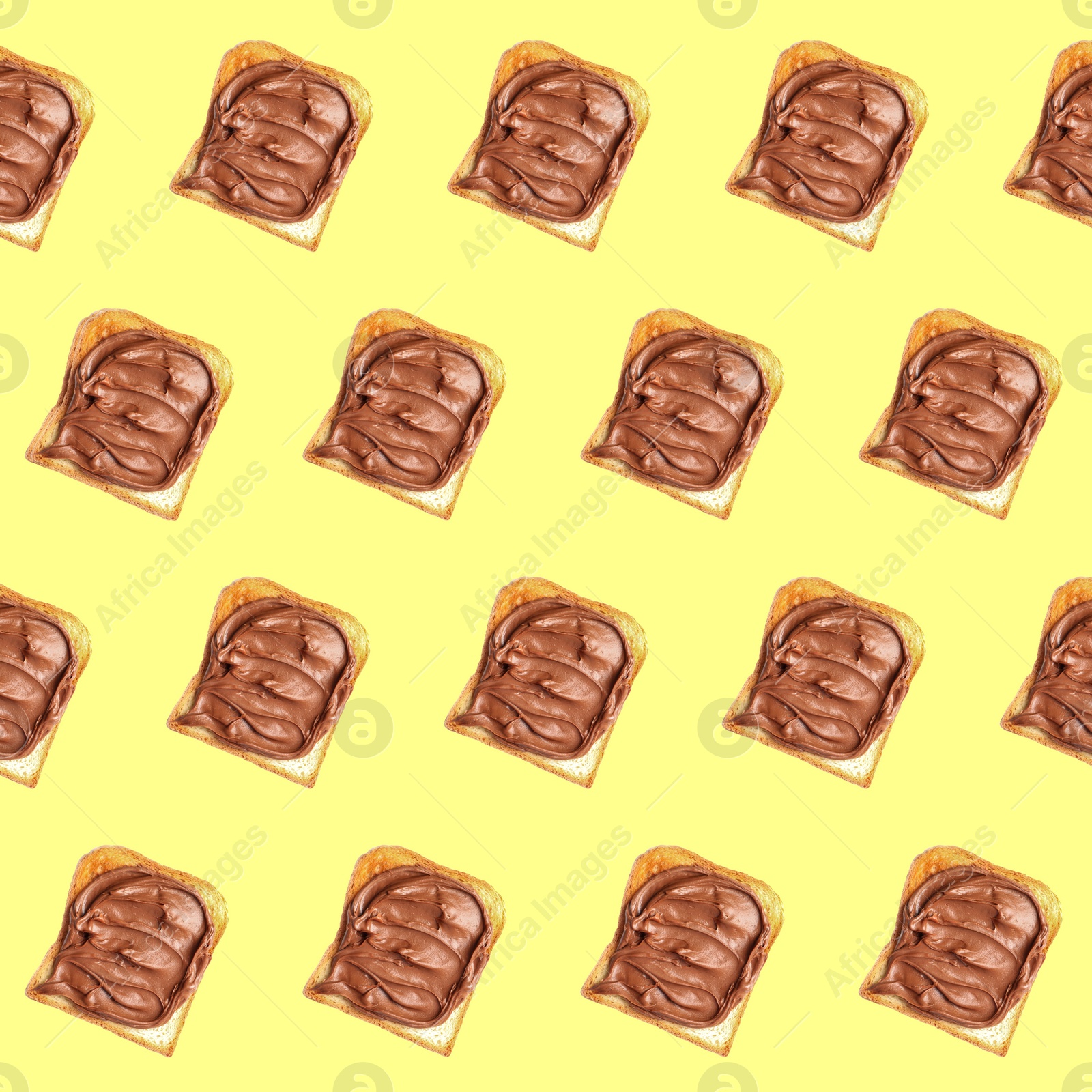 Image of Set of delicious toasted bread with chocolate spread on yellow background, top view