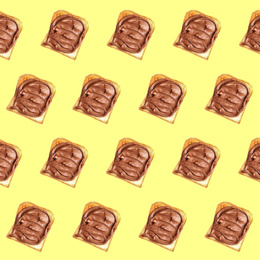 Image of Set of delicious toasted bread with chocolate spread on yellow background, top view