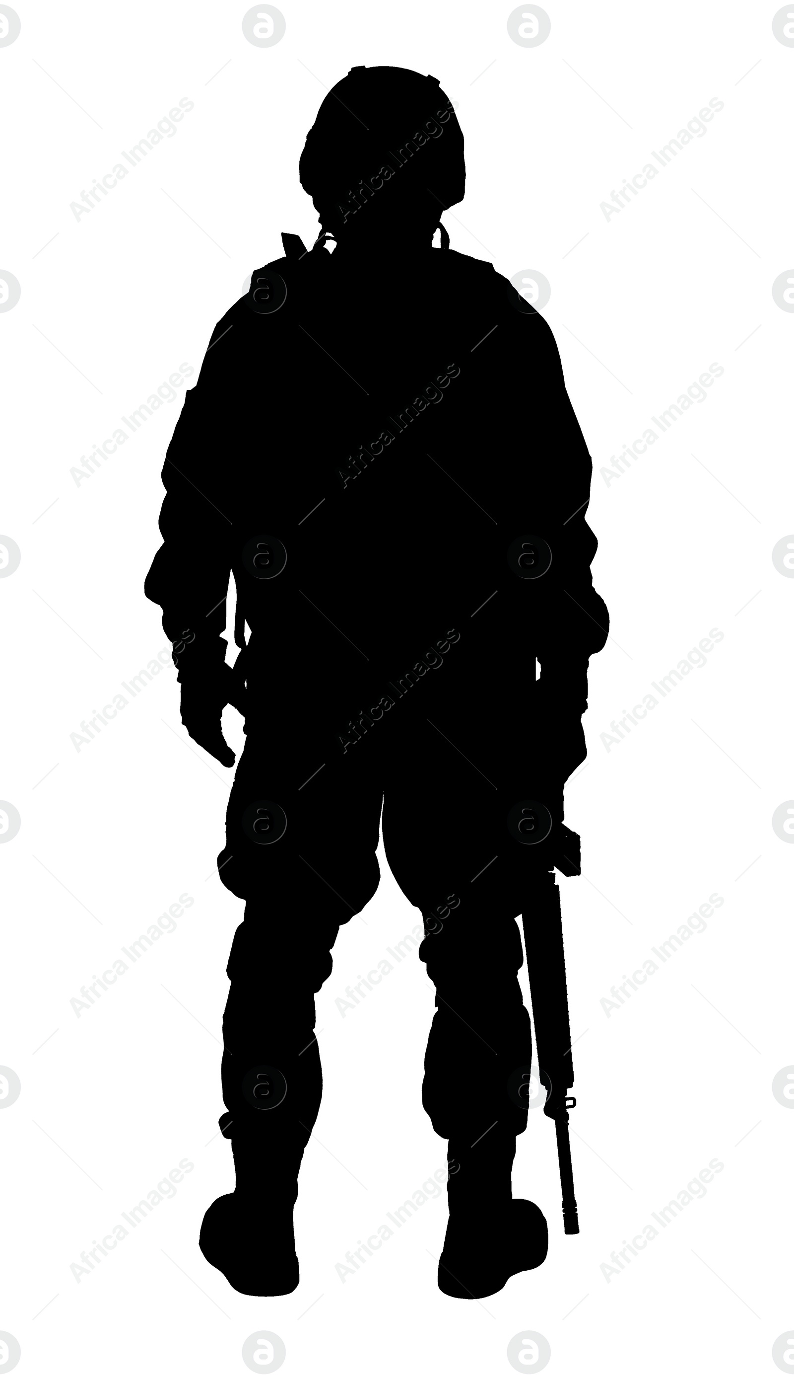 Image of Silhouette of soldier with assault rifle on white background. Military service