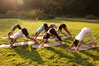 Photo of Group of people practicing yoga on mats outdoors