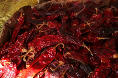 Photo of Heap of dry chilli peppers, above view