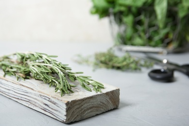 Wooden board with fresh green rosemary on table. Aromatic herbs