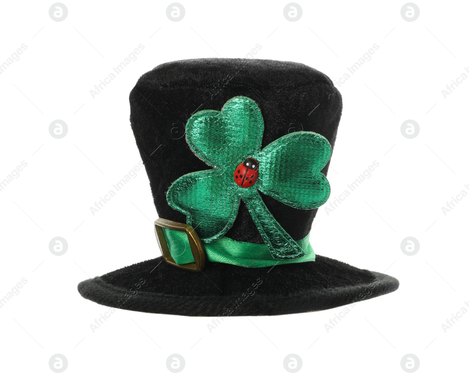 Photo of Leprechaun hat with green clover leaf and ladybug isolated on white. Saint Patrick's Day accessory