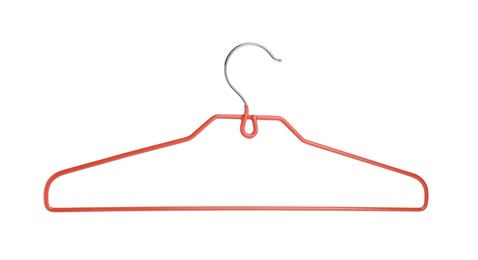 Photo of Empty orange hanger isolated on white. Wardrobe accessory