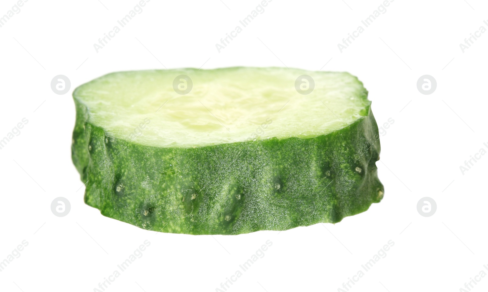 Photo of Slice of fresh cucumber on white background