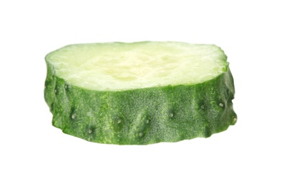 Photo of Slice of fresh cucumber on white background