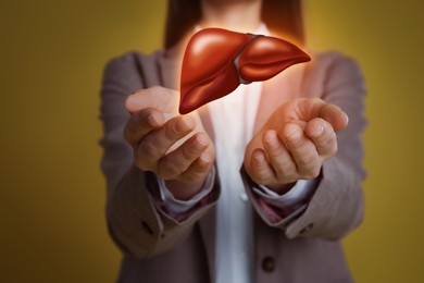 Image of Woman and illustration of healthy liver on yellow background, closeup