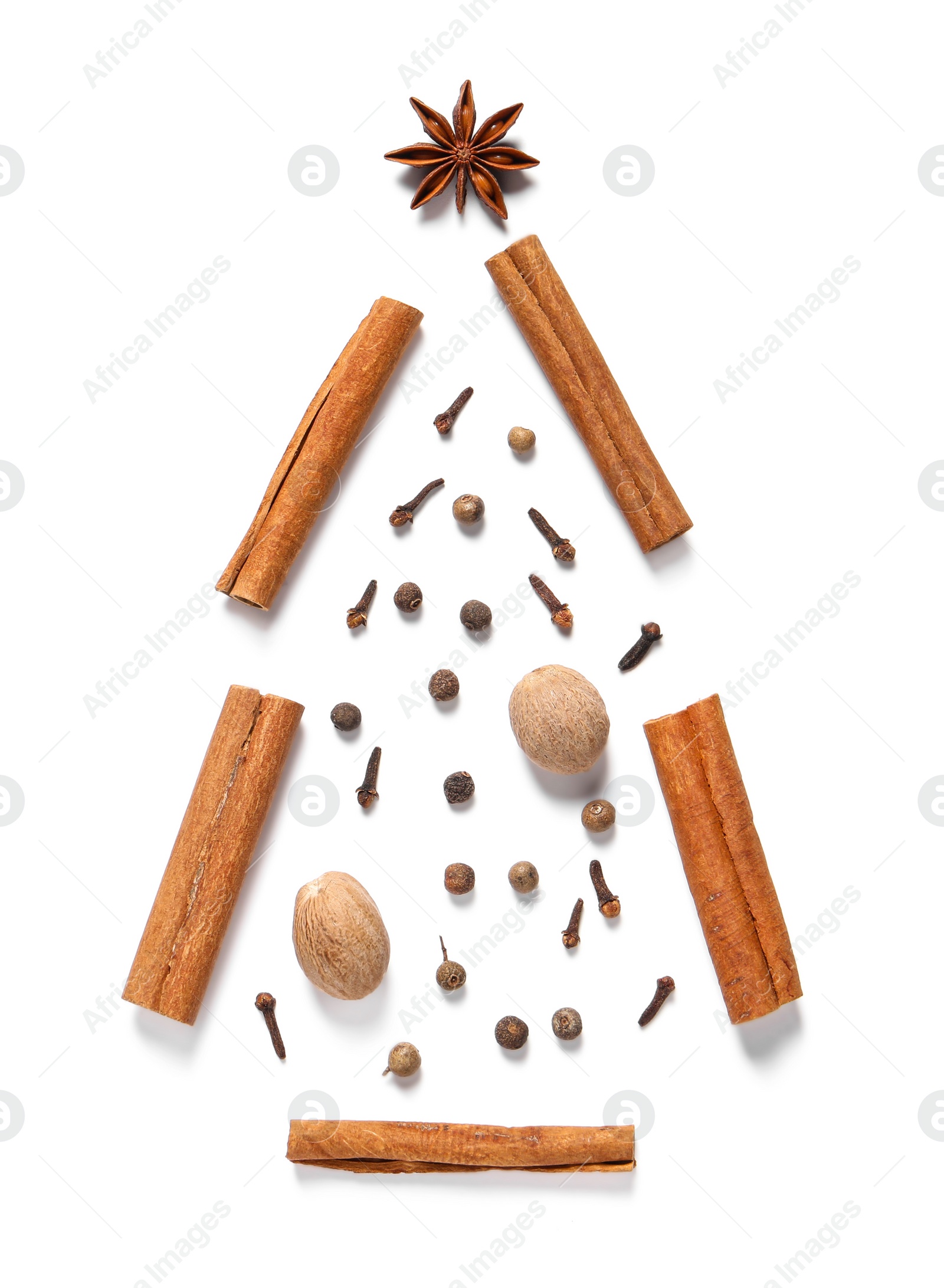 Photo of Christmas tree made of different spices on white background, top view
