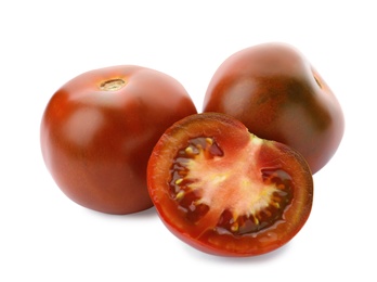 Photo of Fresh ripe brown tomatoes on white background
