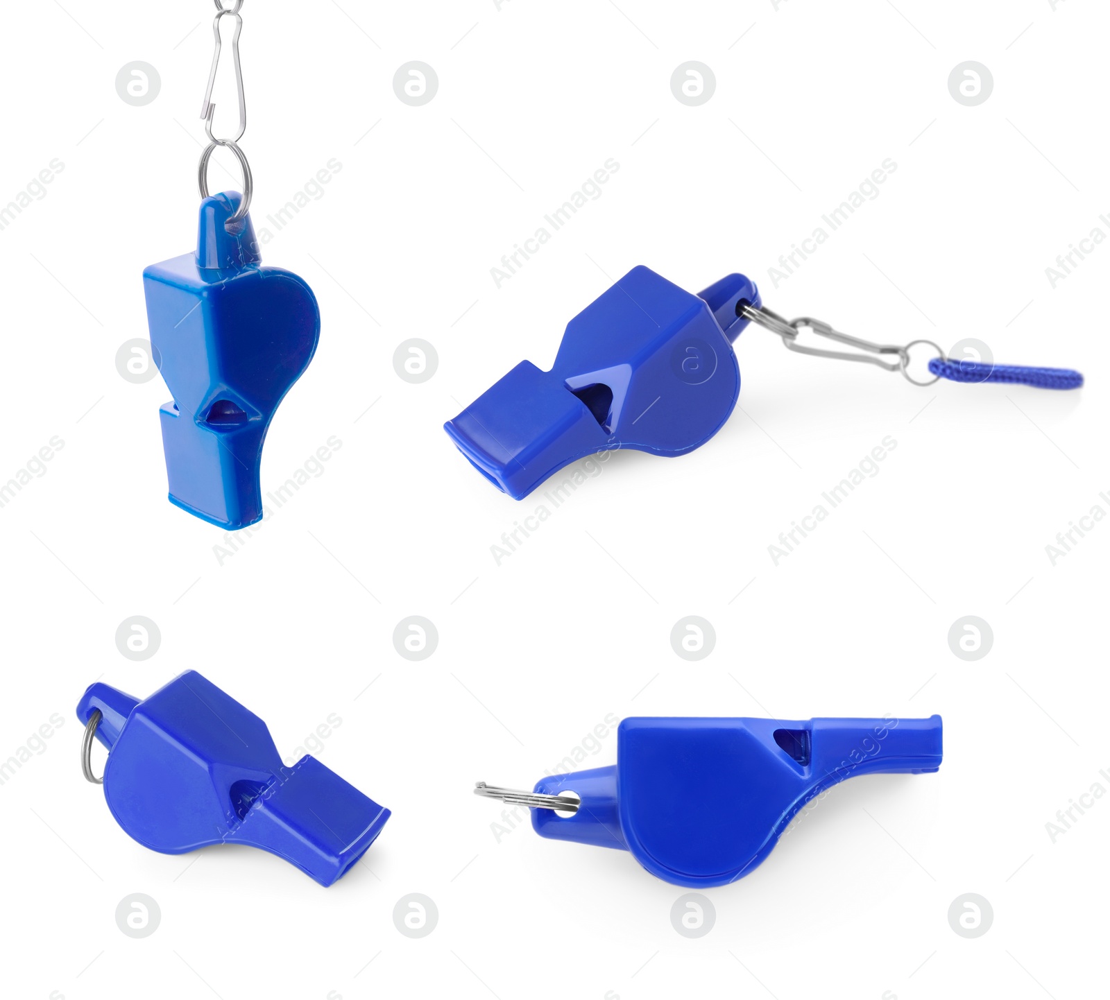 Image of Blue whistle with cord isolated on white, set