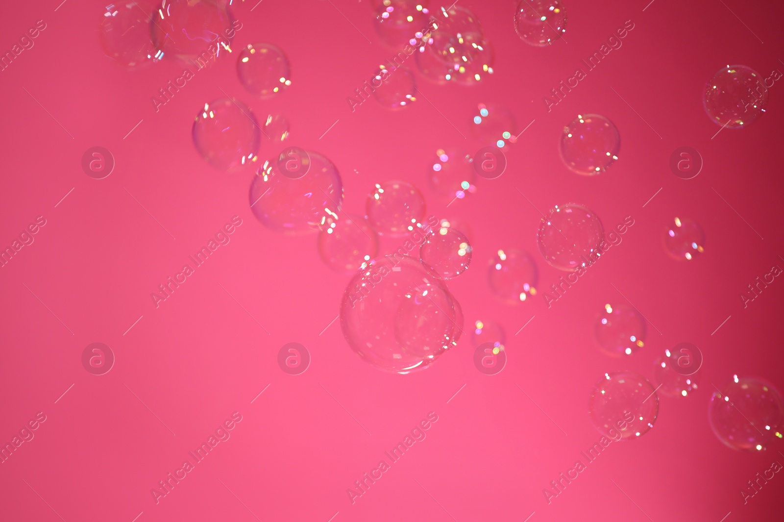 Photo of Beautiful translucent soap bubbles on pink background