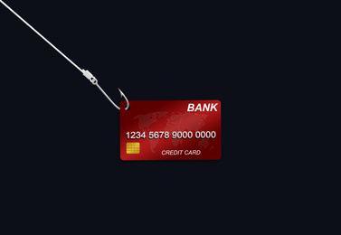 Image of Hook with credit card on black background. Cyber crime