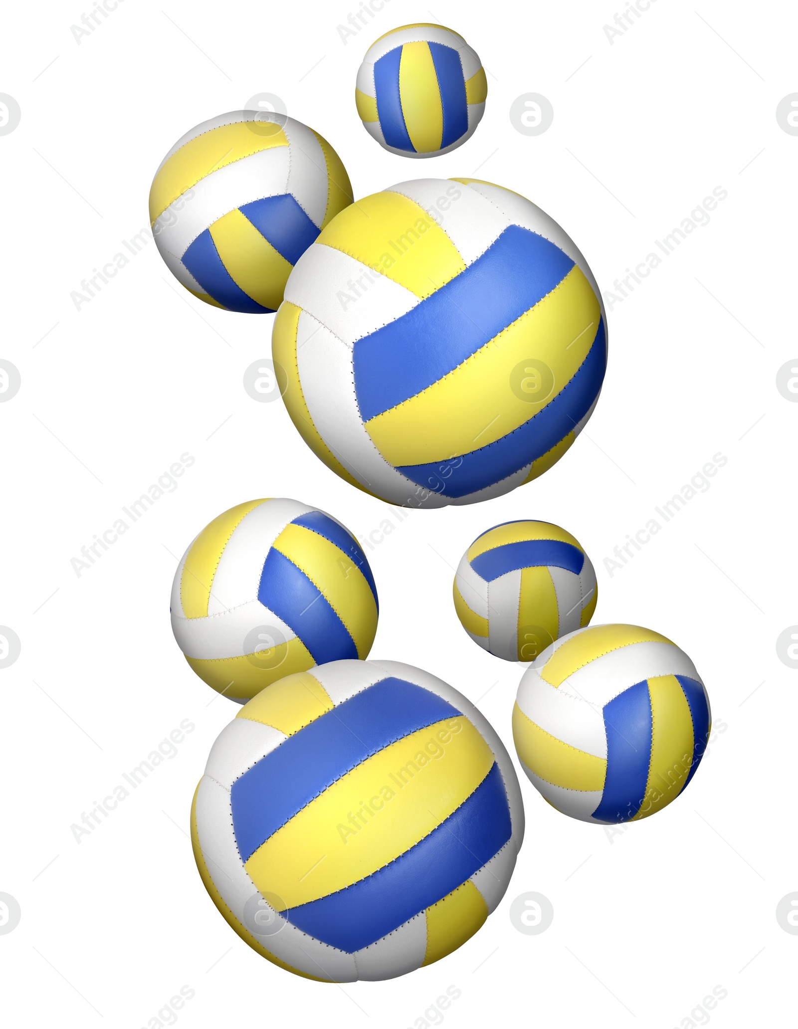 Image of Many volleyball balls falling on white background