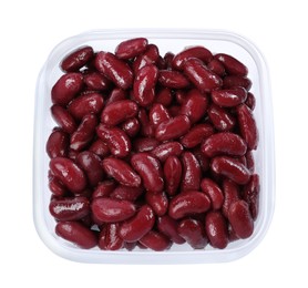 Fresh red kidney beans in plastic container isolated on white, top view