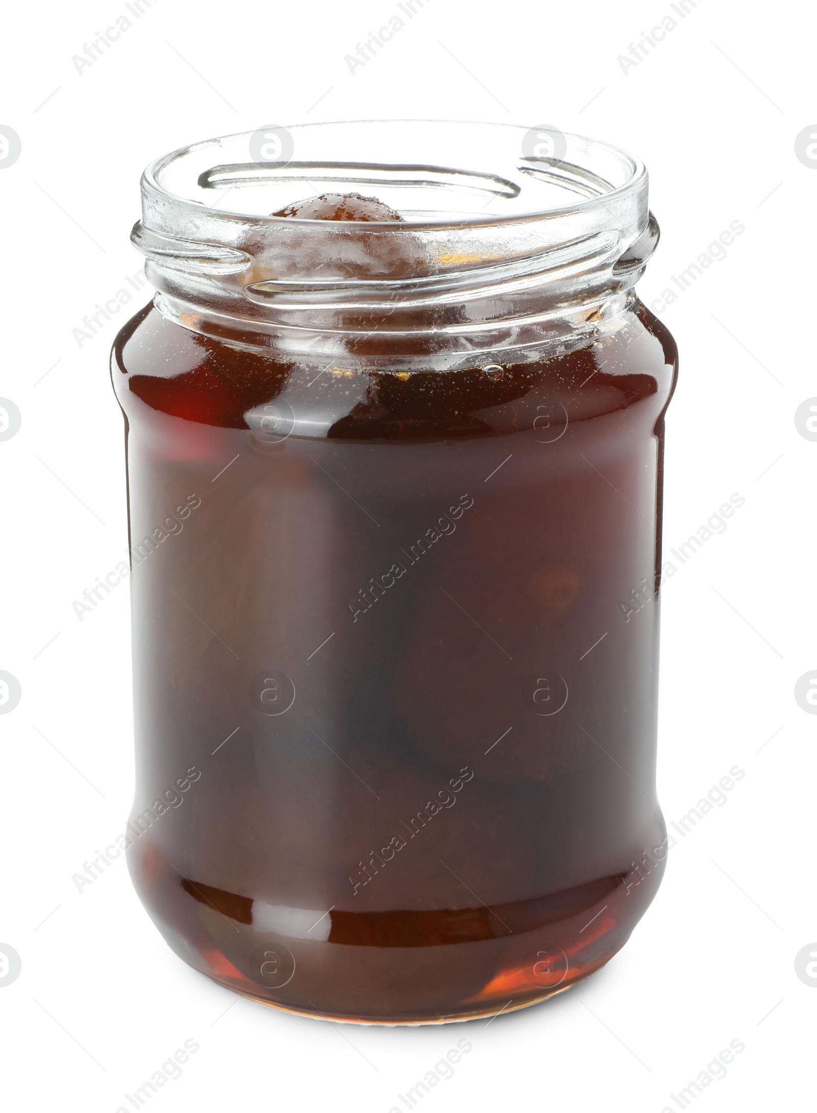 Photo of Jar of tasty sweet fig jam isolated on white