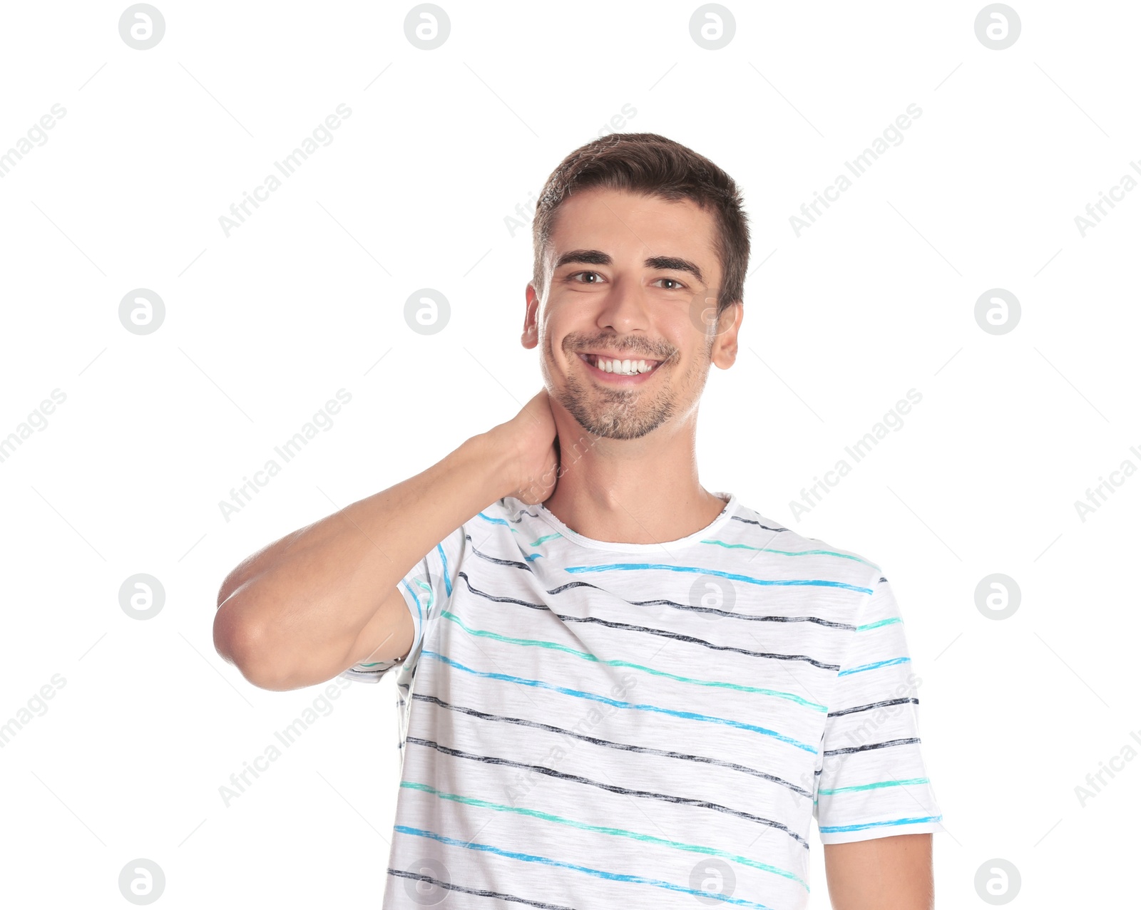 Photo of Portrait of handsome young man smiling on white background