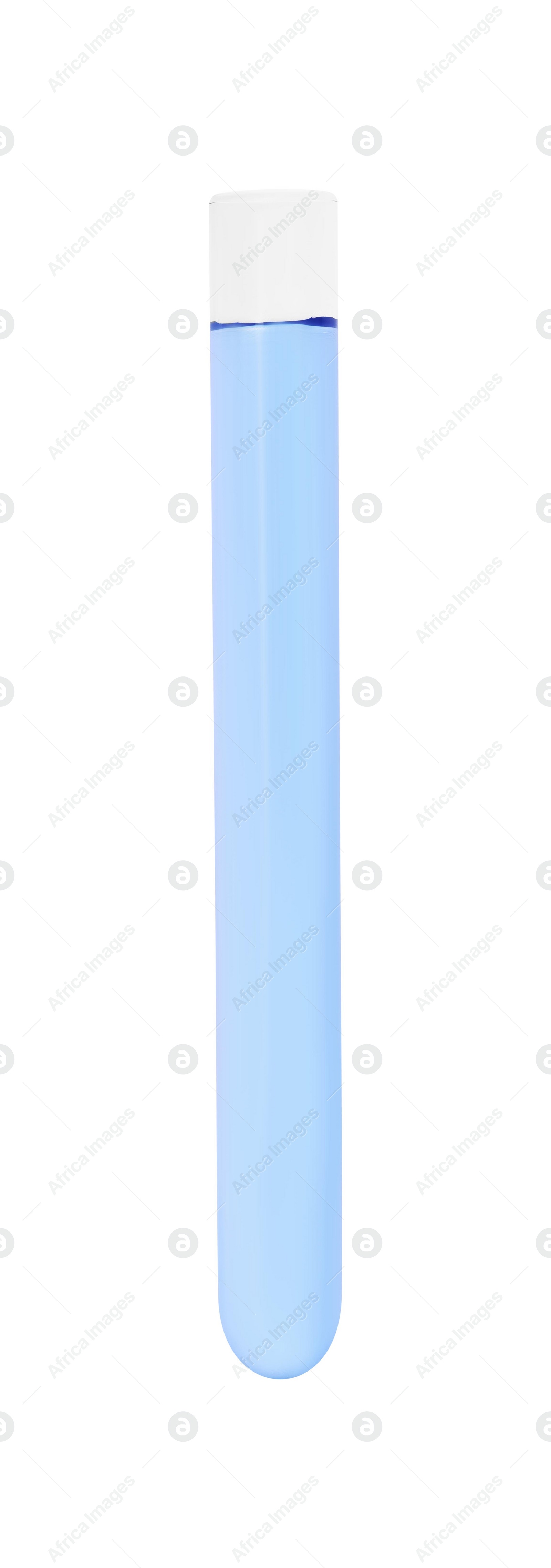 Photo of Test tube with light blue liquid isolated on white