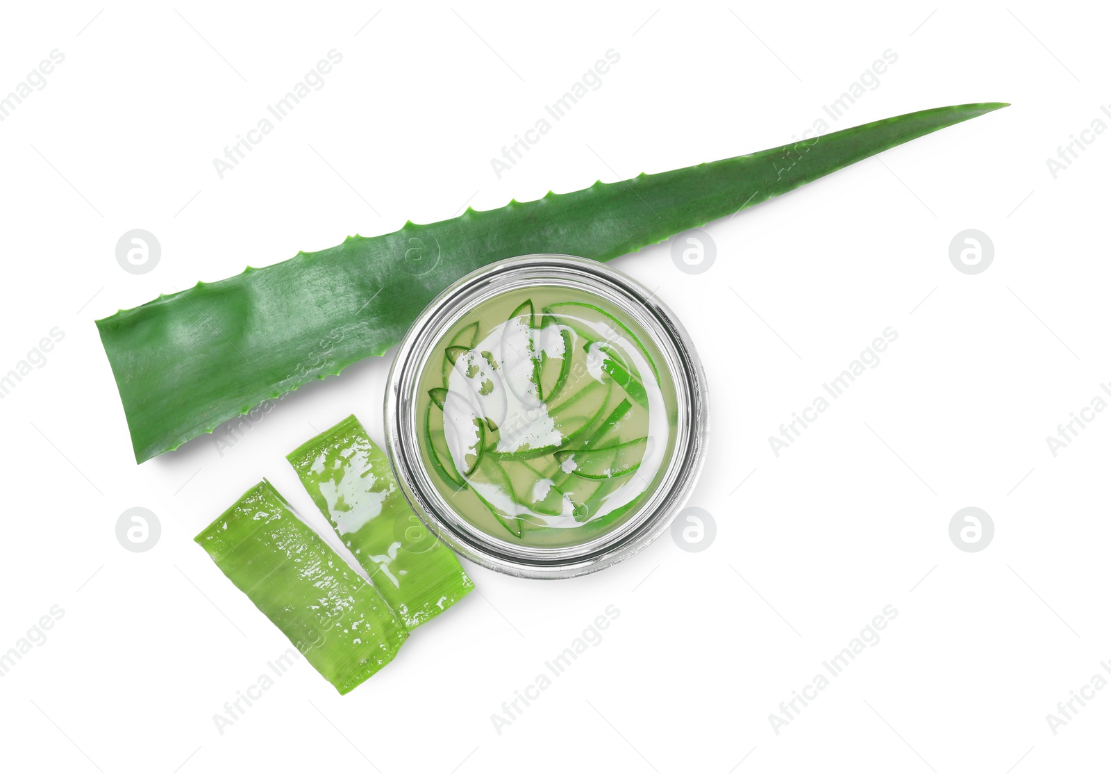 Photo of Fresh aloe juice in jar and leaves isolated on white, top view