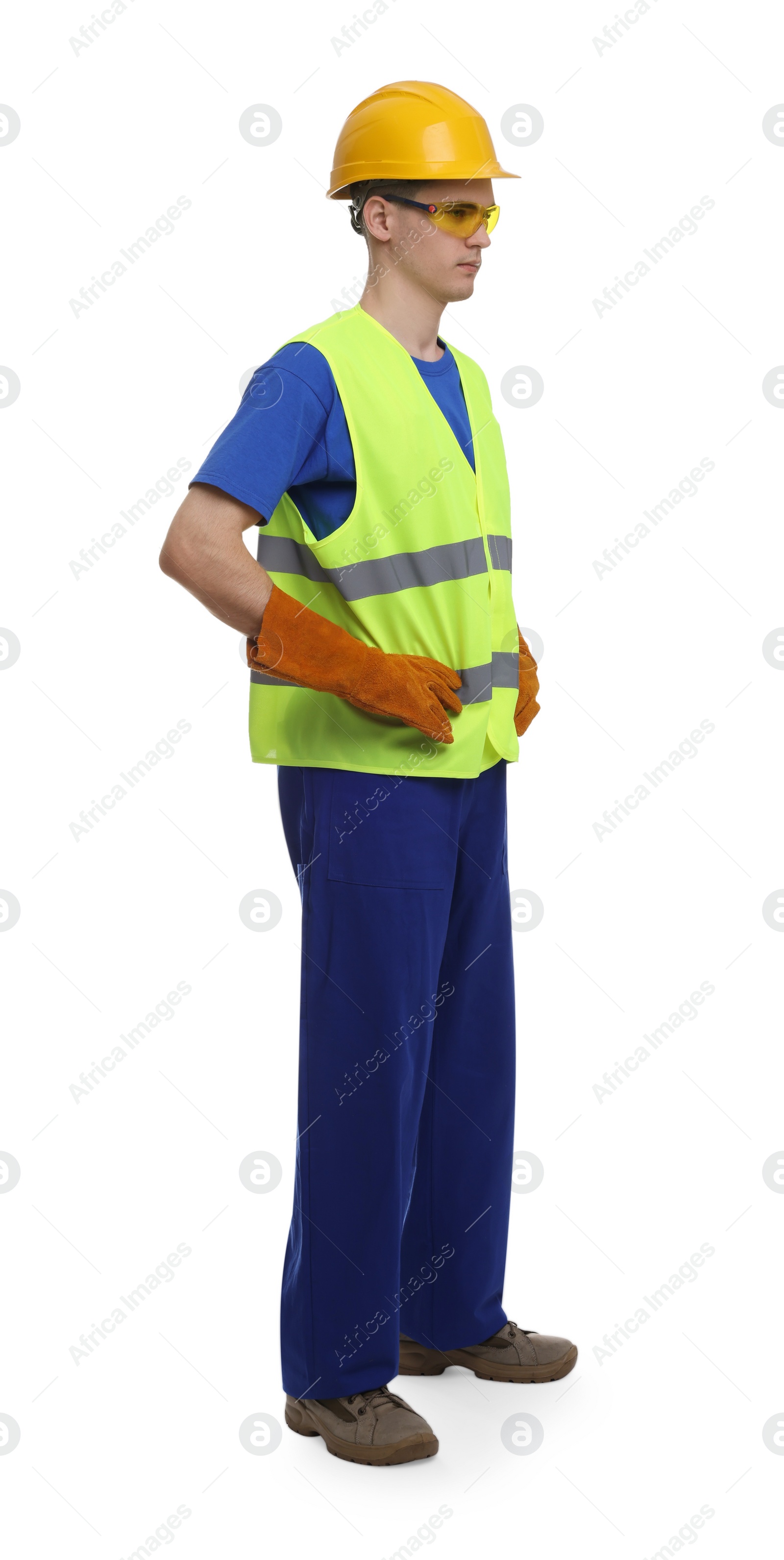 Photo of Young man wearing safety equipment on white background