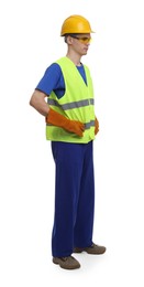 Young man wearing safety equipment on white background