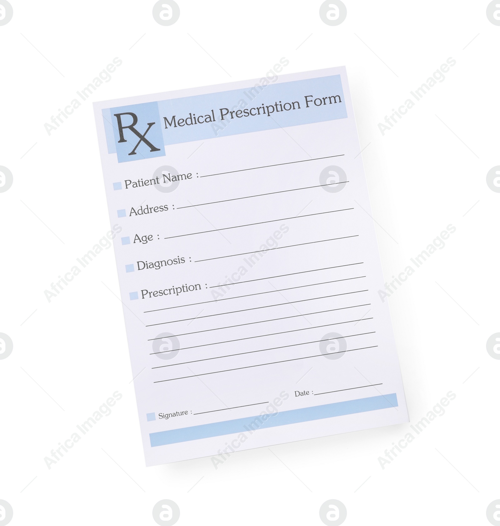 Photo of Medical prescription form isolated on white, top view